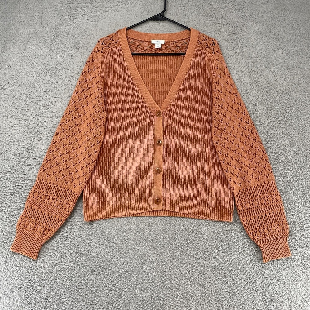 Sundance Cardigan Sweater Womens Medium Orange‎ Pointelle Open Knit Cotton